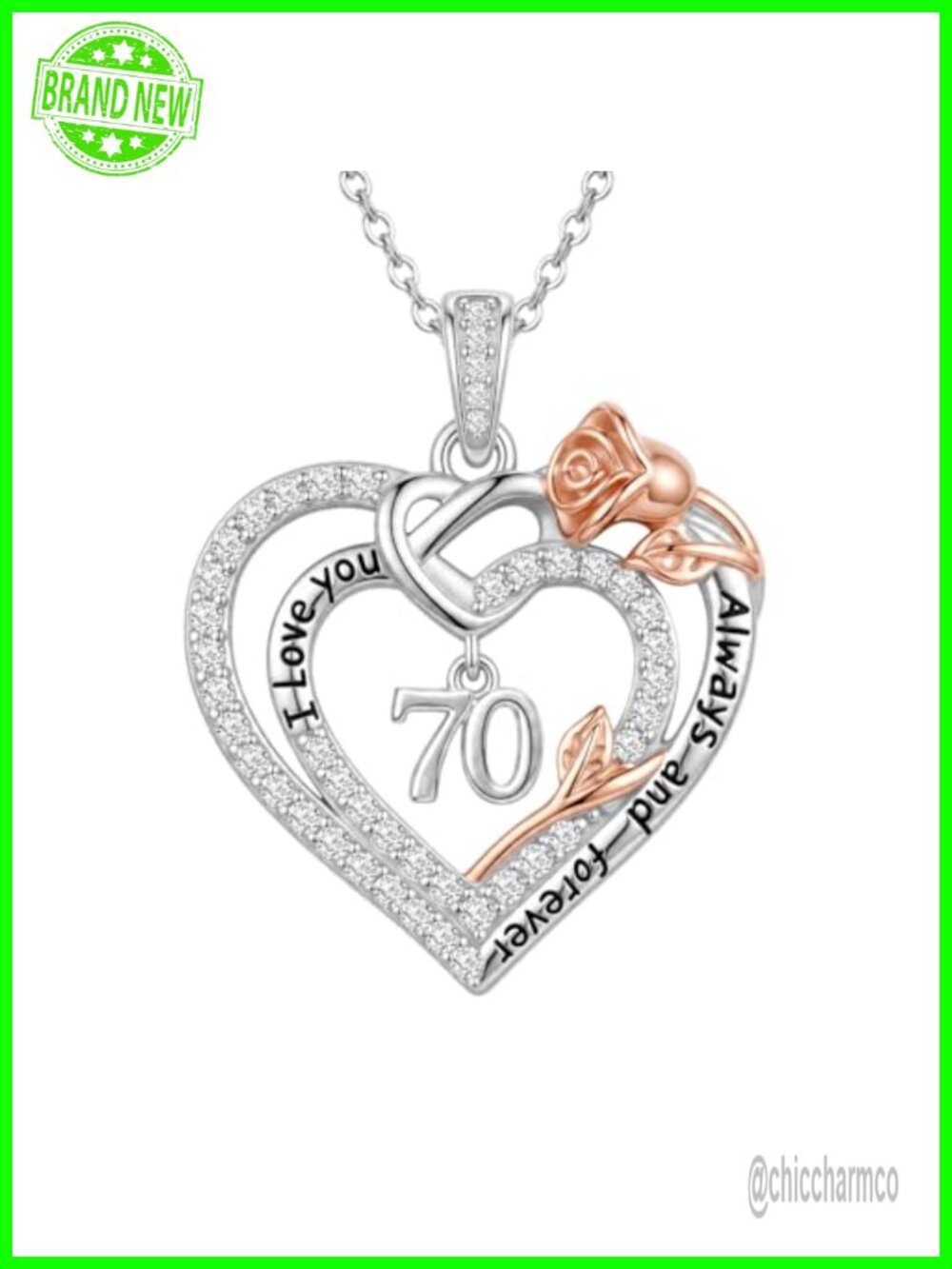White Gold Plated Rose Heart Pendant Necklace 70th Birthday Gift for Women